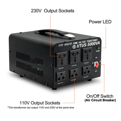 Beefy 5000 Watt Voltage Converter Transformer For Heavy Duty Step Up And Step Down From 110-120V To 220-240V And 220-240V To 110-120V With Circuit Breaker Protection And 100 Percent Load Capacity Plus Simultaneous 3-Mode Output showing front view with sockets and switches.