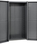 Top Tier Deep Door Bin Cabinet Loaded With 156 Red Plastic Storage Totes For Shop Organization Heavy Duty Polypropylene Containers Secure Lock Hasp Built Different, open grey cabinet with slots.