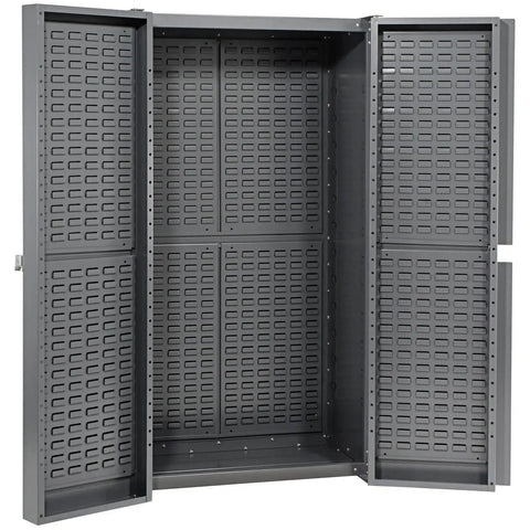 Top Tier Deep Door Bin Cabinet Loaded With 156 Red Plastic Storage Totes For Shop Organization Heavy Duty Polypropylene Containers Secure Lock Hasp Built Different, open grey cabinet with slots.