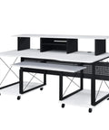 72 Inch Music Desk Workstation With Crossed Metal Panels Keyboard Tray White Finish Wide Monitor Surface Central Shelf Earphone Hook