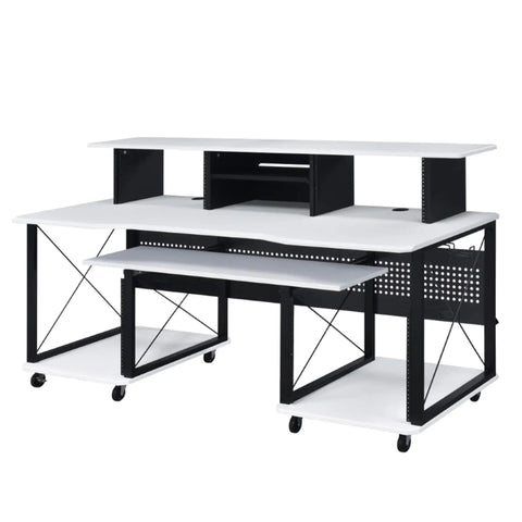 72 Inch Music Desk Workstation With Crossed Metal Panels Keyboard Tray White Finish Wide Monitor Surface Central Shelf Earphone Hook