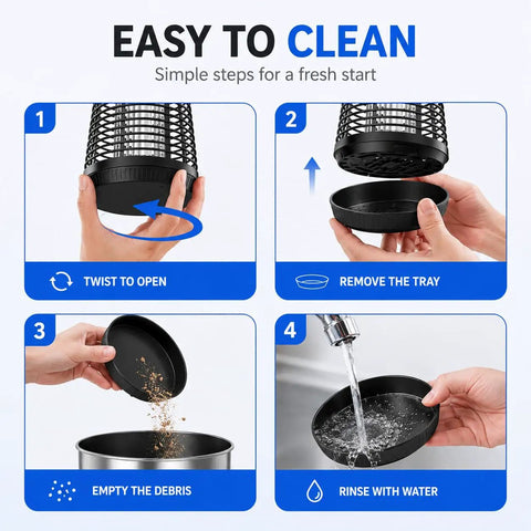 Steps to clean Outdoor Indoor Bug Zapper 18W 4200V Electric Mosquito Killer With UV Light Insect Trap Waterproof showing twist, remove, empty, rinse.