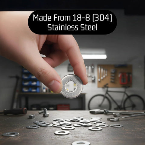Close-up of stainless steel flat washer, 1/4 in ID x 5/8 in OD x 0.078 in thick, 18-8 (304) steel