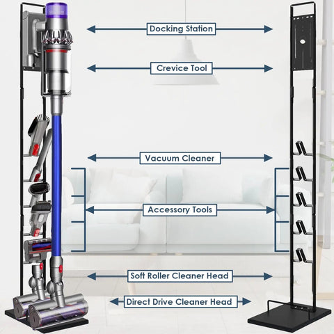 Cordless Vacuum Stand For Dyson V6 To V15 With Heavy Base Metal Bracket Holder And Attachment Storage, displaying mounted tools.