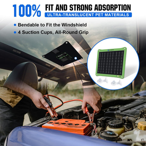 Car battery being charged with 7.5W 12V Solar Car Battery Charger And Maintainer With Waterproof Panel Portable Trickle Charger