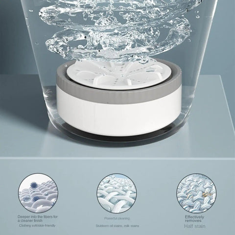 Compact Mini Washing Machine Portable USB Powered Clothes Washer in water, showcasing deep clean and tough stain removal features.