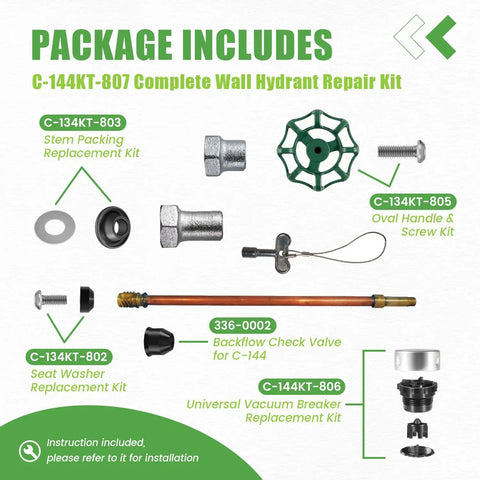 Wall Hydrant Complete Service Kit For C 144 And C 244 Series To Repair Anti Siphon Freezeless Faucets displayed components