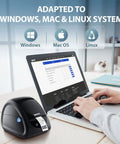 Top Tier Desktop Thermal Label Printer That Smoothly Handles Address File Folder And Barcode Rolls For Streamlining Your Daily Shipping Grind Up To Three Thirty Five Inch Width With Zero Hassle Setup on desk with laptop and printing label.