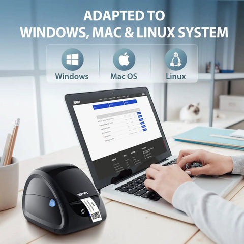 Top Tier Desktop Thermal Label Printer That Smoothly Handles Address File Folder And Barcode Rolls For Streamlining Your Daily Shipping Grind Up To Three Thirty Five Inch Width With Zero Hassle Setup on desk with laptop and printing label.