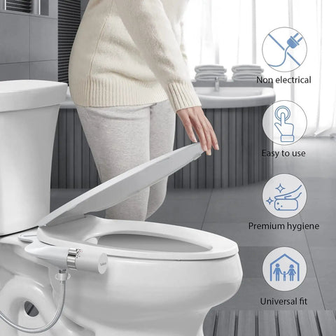 Ultra Slim Non Electric Bidet Attachment With Dual Nozzles For Posterior And Feminine Wash Adjustable Water Pressure Brass Inlet Easy Install Toilet Seat Sprayer Installed on Toilet
