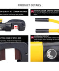 Close-up of the 13 Ton Hydraulic Rebar Cutter Tool for Pros and Builders, showing material details and manual lever.