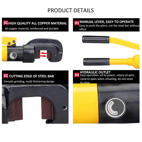 Close-up of the 13 Ton Hydraulic Rebar Cutter Tool for Pros and Builders, showing material details and manual lever.