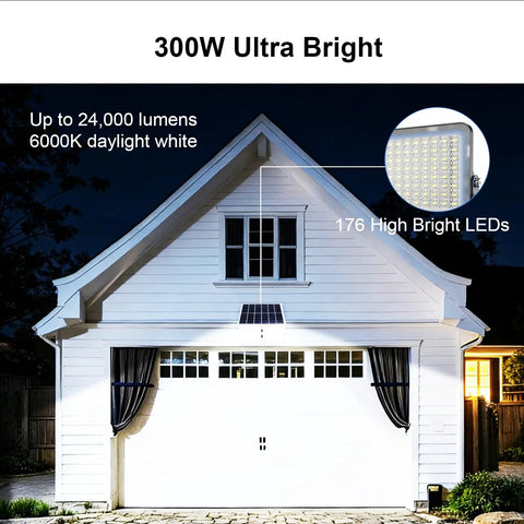 Two Pack 300W Solar Flood Lights Outdoor Security Lamps With 24,000 Lumens LED, IP67 Waterproof Dusk To Dawn, Bright Yard Light