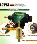 Diesel Specific Micro Electric Fuel Pump, 12 Volt, 35 GPH at 4 to 7 PSI, showing 5/16 inch inlet and outlet with installation details