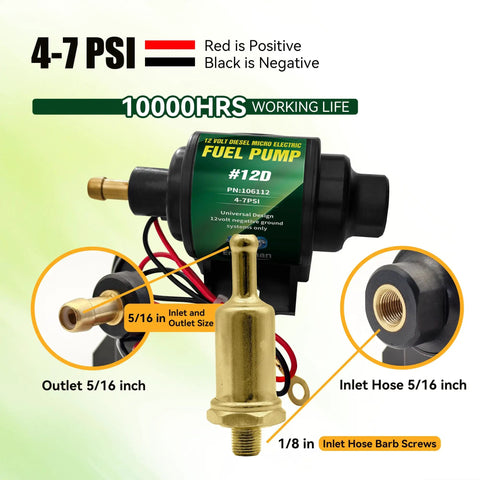 Diesel Specific Micro Electric Fuel Pump, 12 Volt, 35 GPH at 4 to 7 PSI, showing 5/16 inch inlet and outlet with installation details