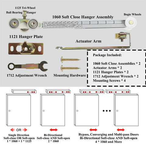 Diagram of Two Pack Pocket Door Soft Close Top Hanger Assemblies Bi Directional Operation Fits 100 Series Tracks with accessories
