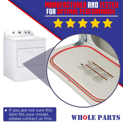 Upgraded Dryer Door Seal W10906683 on open dryer door with gasket detail, fits Crosley Kenmore Whirlpool, 59.65-inch heavy duty seal