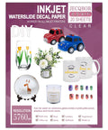 Clear Waterslide Decal Paper for Inkjet Printers, 20 Sheets, 8.5x11 inch transparent water transfer paper displayed with decorated items