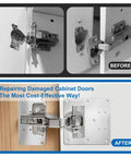 Before and after images of a cabinet door repaired with Six Pack Stainless Steel Cabinet Hinge Repair Plates With 36 Self Tapping Screws For Furniture.
