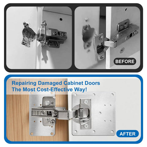 Before and after images of a cabinet door repaired with Six Pack Stainless Steel Cabinet Hinge Repair Plates With 36 Self Tapping Screws For Furniture.