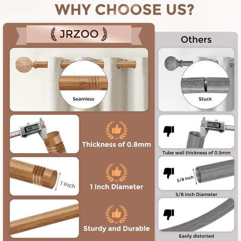 Comparison chart showing Wood Curtain Rod 1 Inch Diameter Adjustable 30 To 88 Inches Heavy Duty Rustic Farmhouse Drapery Rod with Boho Imitation Wheat Pattern Finials and Hand Painted Wood Grain Finish Light Wood against other rods highlighting thickness and durability.
