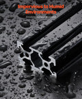 Close-up of Four 39.4 Inch T Slot 2040 Aluminum Extrusion Profiles with Anodized Linear Rails in black, wet with water droplets.