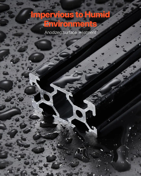 Close-up of Four 39.4 Inch T Slot 2040 Aluminum Extrusion Profiles with Anodized Linear Rails in black, wet with water droplets.