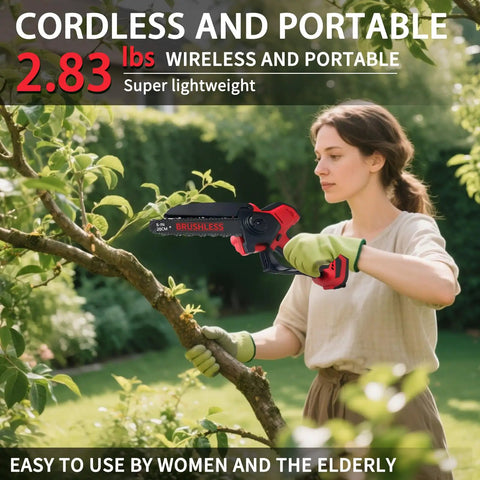 Woman using Cordless Mini Chainsaw With Dual 6 And 8 Inch Bars, 1000W Brushless Motor, 29.8 Feet Per Second Chain Speed for pruning