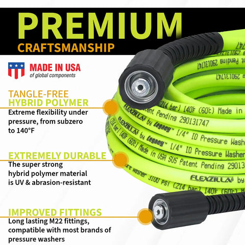 Image showing Pressure Washer Hose With M22 Fittings 1/4 In By 50 Ft Flexible Hybrid Polymer For Subzero Cold To 140 Degree F Heat ZillaGreen