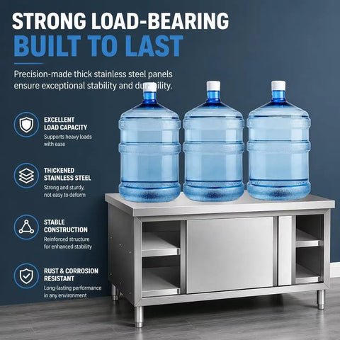 Gutsy No Nonsense Stainless Steel Workbench With Double Sliding Doors Heavy Duty Prep Table with three water bottles on top.
