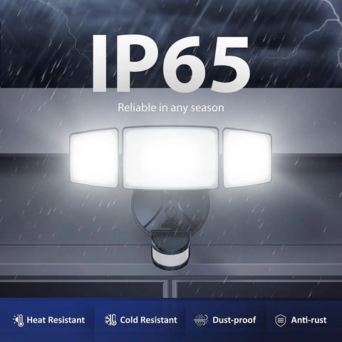 Heavy Duty 75 Watt LED Flood Light With Motion Sensor And Dusk To Dawn Delivering 7000 Lumen Blazing Bright Output Featuring An Adjustable Triple Head Setup That Rocks In Bad Weather And Tops Off Your Outdoor Yard Security