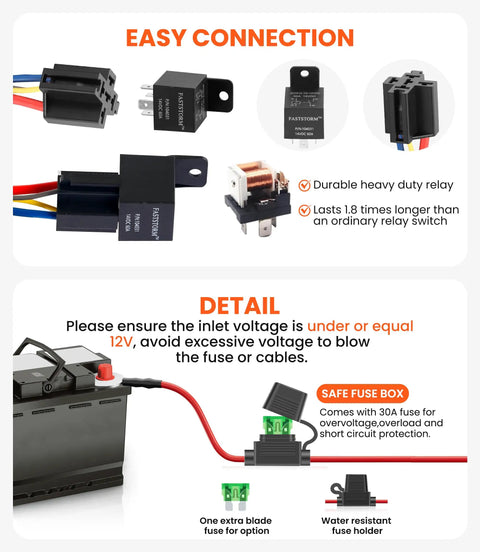 12V Electric Fuel Pump Relay Kit Waterproof 60 Amp Heavy Duty Long Wiring Harness with connectors and fuse box details