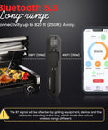Digital Wireless Meat Thermometer With 820Ft Bluetooth Range And IP67 Waterproof Build shown with BBQ grill and smartphone app.