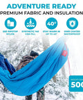 Camper with ThermaQuilt Hammock Underquilt 40F 3 In 1 Go-To System in snowy forest, highlighting features like 140 GSM fill.