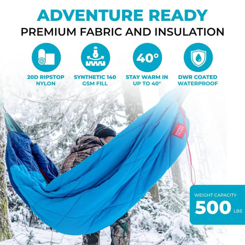 Camper with ThermaQuilt Hammock Underquilt 40F 3 In 1 Go-To System in snowy forest, highlighting features like 140 GSM fill.