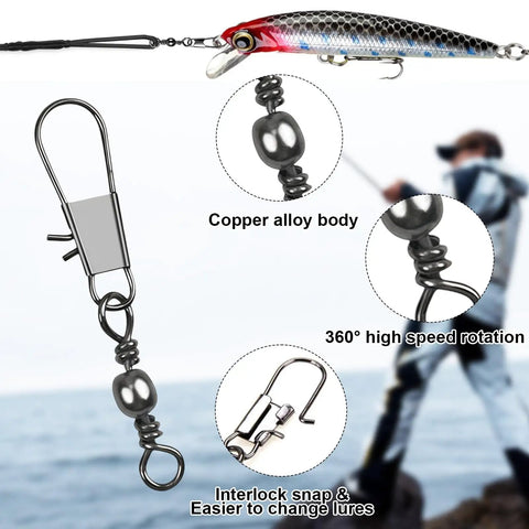 200 Pack Heavy Duty Fishing Snap Swivels Set With Dual Rolling Swivels For Ultra Smooth Spin And Anti Tangle Performance Type B Carbon Steel Lure Connectors Perfect For Freshwater And Saltwater Tackle, copper alloy swivel close-up