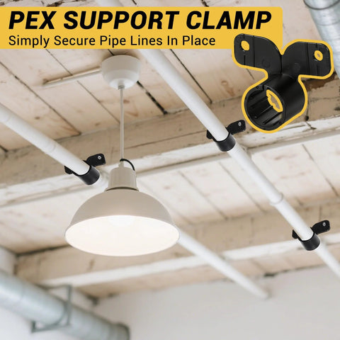 Pex support clamps set on white ceiling pipes; black nylon R-type clamps near a pendant light.
