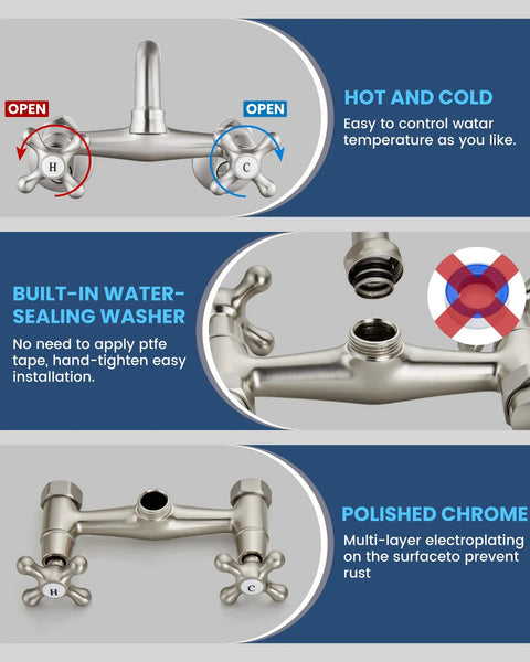 Wall Mount Kitchen Faucet With 6 Inch Spout Brushed Nickel Pro Grade Build Double Handles Hot And Cold Mixer Tap 360 Degree Rotatable 2 Hole Center Set Solid Brass Heavy Duty Restaurant Style Faucet with detailed features including hot and cold handles, water-sealing washer, polished chrome finish.