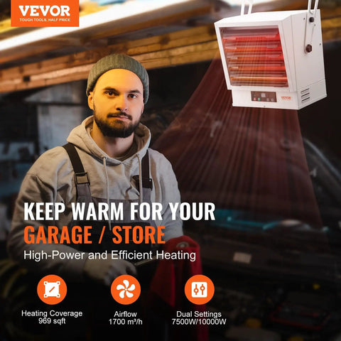 Beast 10000W Digital Garage Heater With Remote Control shown on wall in workshop, highlighting heating features and dual power settings.