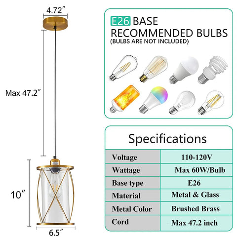 Modern Brushed Brass Mini Pendant Light With Clear Glass Shade 1-Light Adjustable Cylinder Pendant Fixture dimensions