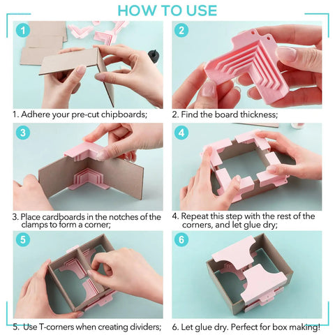Tough As Nails Corner Guides And 5 In 1 Book Cover Tool For Chipboard Boxes and Binding Work shown in use with cardboard.