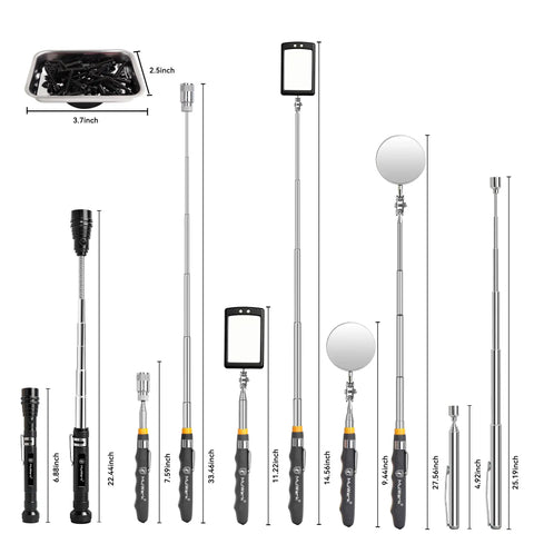 7 Piece Telescoping Magnetic Pickup Tool Set With 1 Pound And 5 Pound Magnet Sticks, 360 Degree Swivel Inspection Mirror, Parts Tray