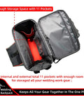 Heavy Duty Welding Tool Backpack With Helmet Catch showing open bag layout with multiple pockets and compartments for gear.