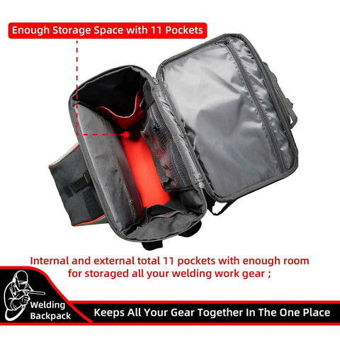 Heavy Duty Welding Tool Backpack With Helmet Catch showing open bag layout with multiple pockets and compartments for gear.