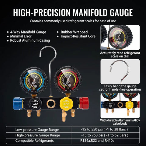 4.5 CFM Vacuum Pump And Gauge Kit Pro-Grade For DIY Mini Split HVAC Auto Systems With Leak Detector, Includes Four Hoses, Two R134a Can Taps, R134a R22 R410a Compatible, Upgraded Tri-Fold Storage Case And Four Adapters. 4-way manifold gauge set with aluminum body and dual dials