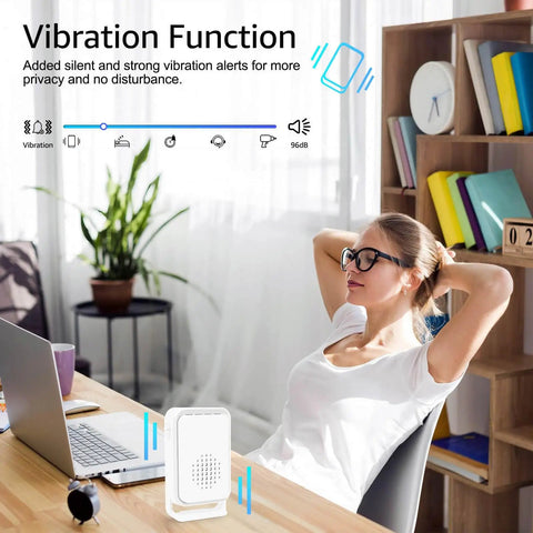 Wireless Motion Sensor Door Chime With 4 LED Indicators And Vibration No Drill Easy Install Doorbell Alarm For Home Office Store School 17 Ringtones And Syncable Alerts Indoor Use on desk