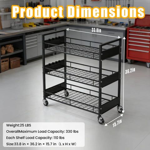Heavy Duty 3 Tier Metal Utility Cart With Locking Casters And 330 Lbs Load Capacity Rolling Storage Organizer in workshop