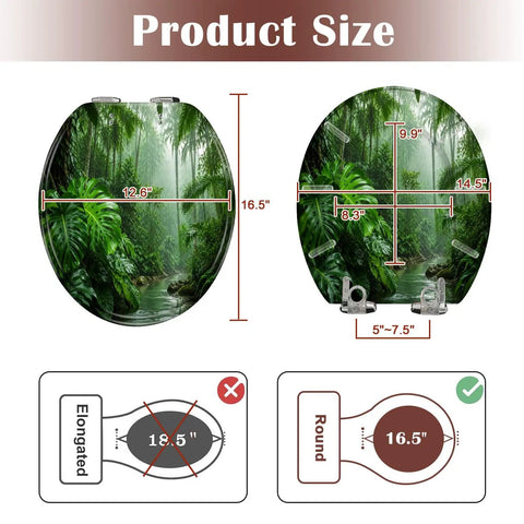 Round Tropical Rainforest Stream Dense Green Jungle Misty Toilet Seat dimensions 16.5" x 12.6" with product size guide.