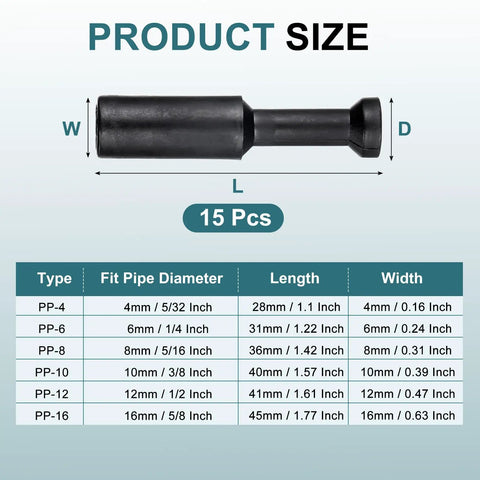Dimensions chart for 15 Pack Five Sixteenth Inch Tube OD Push To Connect Pneumatic Fittings Plug Cap Style Blanking Plugs