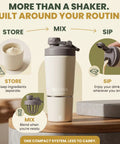 Dual Insulated Stainless Steel Protein Shaker Bottle With Separate Dry Storage Compartment And Built In Mixing Whisk 15 Oz Gym Cup on a table.